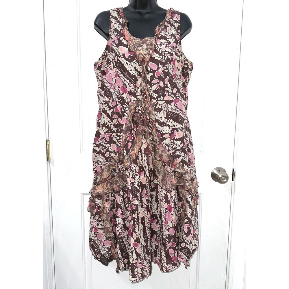 Sundance Dress Womens Ruffle 100% Silk Y2K Midi Brown Floral V-Neck Fit Flare